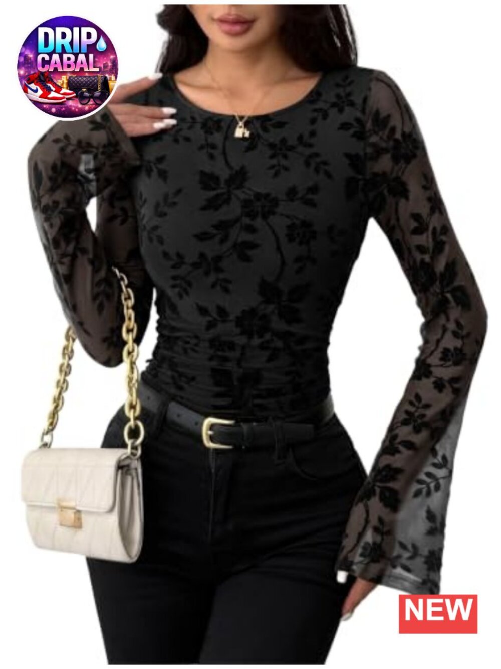 Women's Velvet Floral Lace Bell Sleeve Blouse Crew Neck Ruched Top
